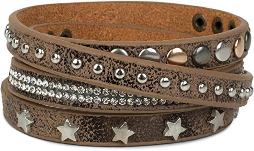 Preisvergleich Produktbild styleBREAKER Wickelarmband mit Strass, verschiedenen Nieten und Sterne, Armband, Damen 05040029, Farbe:Antik-Braun