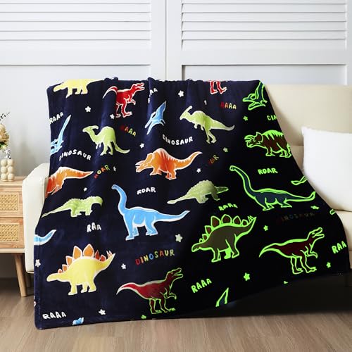 QSTEHEML Glow in The Dark Dinosaur Blanket, Dinosaur Gifts Toys for Boys Age 3-12 Years Old, Birthday Gifts Throw Blanket for Kids 50"×60"