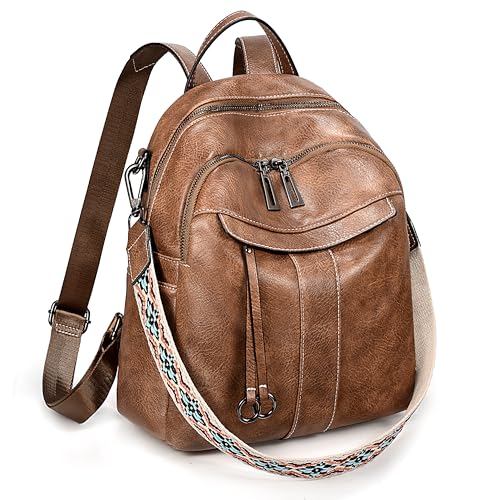 UTO Rucksack Damen Klein Schultertasche PU Leder Wasserdicht Großer Kapazität Viele Fächer Abnehmbare Schultergurt Rucksackhandtaschen Frauen Tagesrucksack Alltag Arbeit Outdoor Reisen Braun