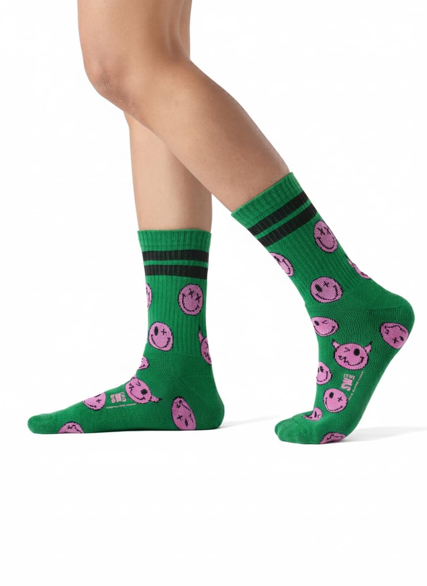 the souled store S.W.SMILEY: State Of Mind Socks | Premium Cotton Blend Printed Crew Socks for Men & Women | Fun & Vibrant Graphic Socks in Green & Pink - Free Size-picture-13
