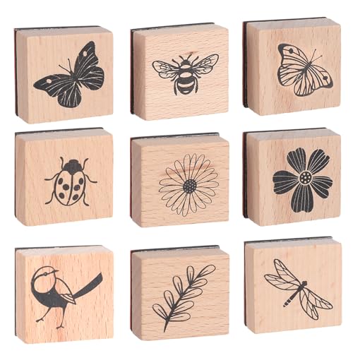9Pcs Wooden Rubber Stamp Set Vintage Rubber Stamps for Crafting Butterfly Bird Ladybird & Plant Journal Stamps for Arts & Crafts Stationary Scrapbooking School Projects Journals