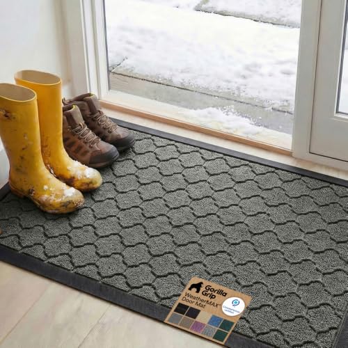 Image of GORILLA GRIP WeatherMAX Door Mat, Indoor Outdoor, 47x35, Gray Quatrefoil