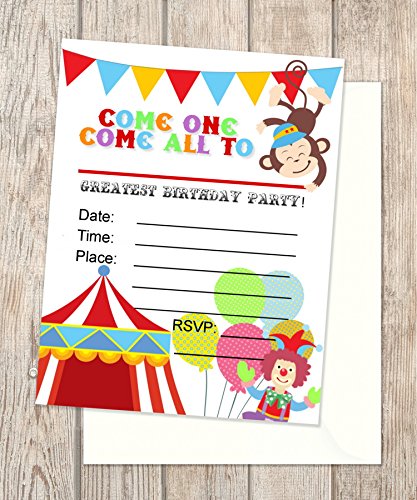 Amazon.com: Circus Party Invitations, Fill In Blank, Flat Cards, Set Of ...