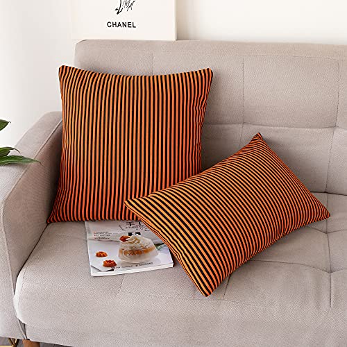 Halloween Throw Pillow Covers 18X18 - Decorative Pillows For Couch Set Of 2 Rustic Striped Cushion Cover Soft Large Pillowcase For Bedding Decor, Sofa, Outdoor Farmhouse Home Fall Orange Black #TOP2