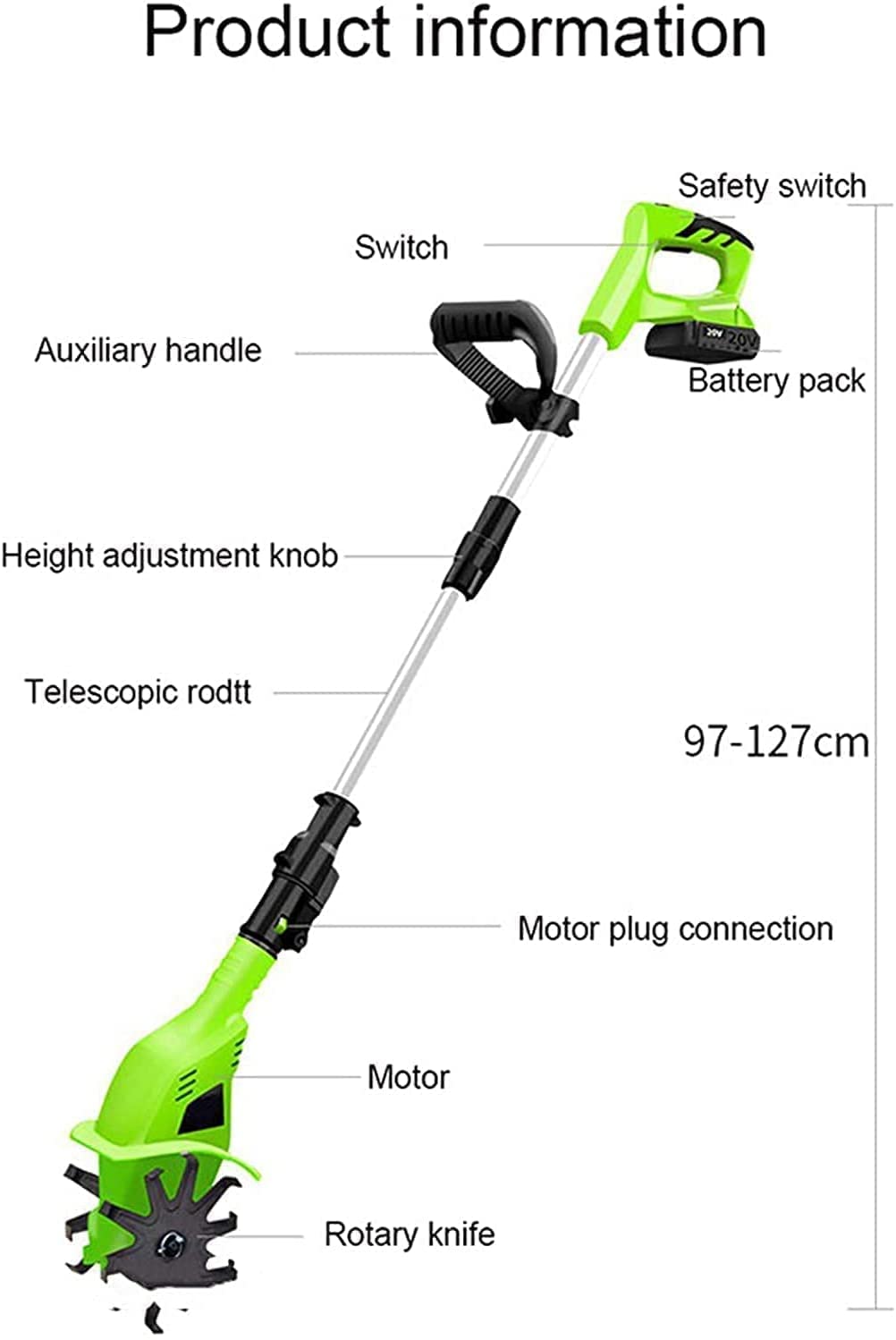 Rotavator inalámbrico, rotavator eléctrico de Mano for jardín con batería de 20V 4000Mah, Mango Ajustable de 97-127Cm, Profundidad de labranza de 25cm