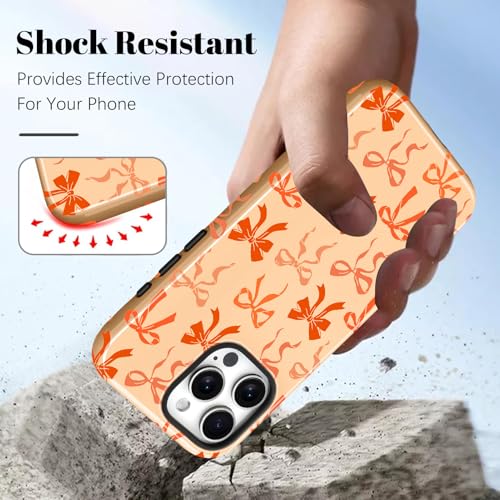 Image of Magnetic for iPhone 16 Pro Max Case for Women Men, Orange Bow | Cute Ribbon Bow Pattern Design [Compatible with MagSafe] 2-Layer Hybrid Shockproof Glossy Protective Cover