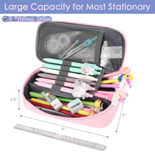 Image of FlowFly Large Capacity Pencil Case for Kids, Boys & Girls - Zippered Multi-Functional Pen Pouch, Soft & Portable Pencil Bag for School, Teens, Students, Pink