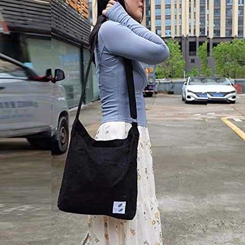 Jiliyote Large Black shoulder bag corduroy for women with zip, Coss Body Bag Large tote bags corduroy bags for Women School College Girls