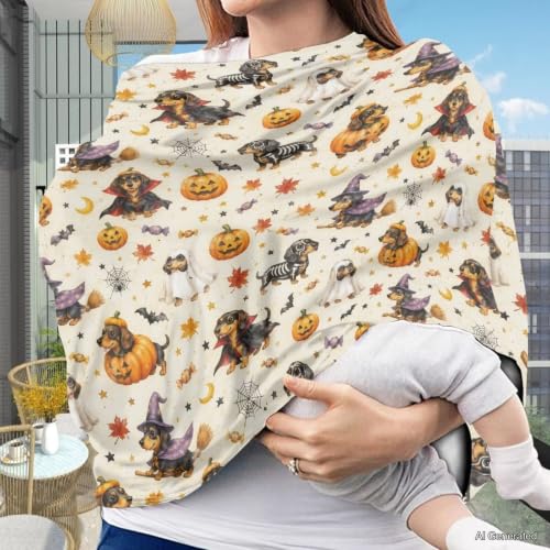 Image of Wanyint Stretchy Baby Car Seat Covers Carseat Canopy Baby Breastfeeding Stroller High Chair Shopping Cart Cover for Girls Boys Halloween Decor, Dachshund Pumpkin Ghost Bat