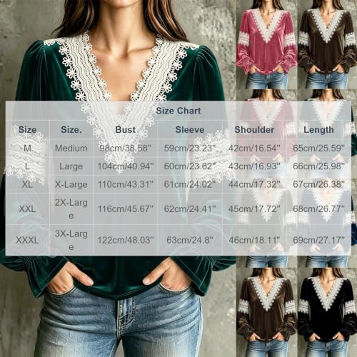 Velvet Tops for Women Dressy Long Sleeve Lace V Neck Blouse Army Green - image 9