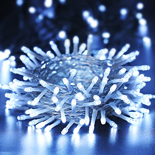 100 LED Lichterkette Batterie Kaltweiß, BrizLabs Innen Weihnachtsbeleuchtung Außenlichterkette 8 Modi Wasserdicht mit Timer für Weihnachtsbaum Zimmer Hochzeit Garten Deko, Durchsichtigen Kabeln Cover