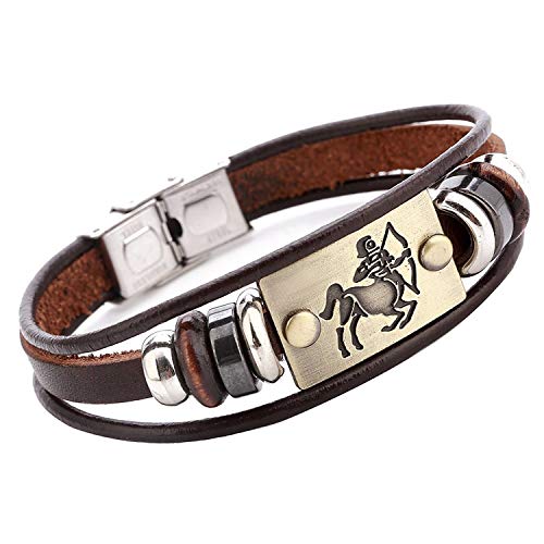 Image of Young & Forever Zodiac Sign Multi-Strand Genuine Leather Bracelet for Men & Boys - Adjustable Tribal Wristband with Antique Metal Charm