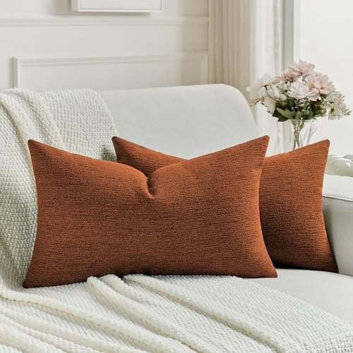FUTEI Rust Chenille Decorative Throw Pillow Covers 12x20 Inch Set of 2,Soft Cozy Faux Linen Textured Lumbar Pillow Cases,Farmhouse Home Decor for Couch Living Room
