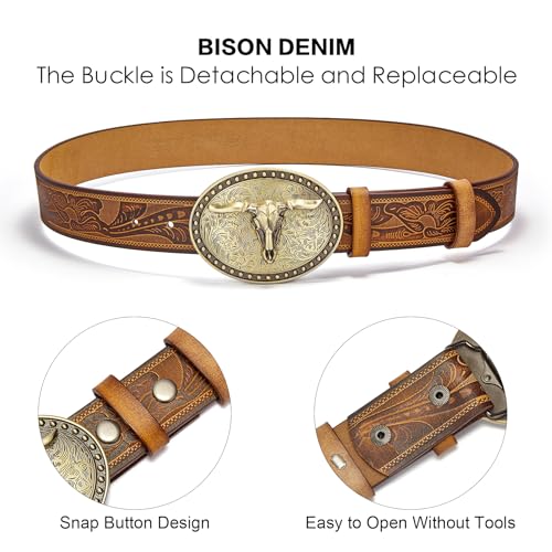 Bison Denim Men'S Western Double Embossed Leather Belts With Golden Cowboy Longhorn Bull Pattern Floral Engraved Replaceable Buckle Belt thumb #4