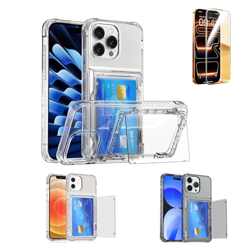 CAVAJP 強化スクリーンプロテクター付き iPhone 17/Air/16/Pro/15/Plus/14/13/12/11 シリーズ、Galaxy S2/5/edge/24/Ultra/23/Plus 用 透明、MIL 規格保護、カード収納、耐衝撃構造