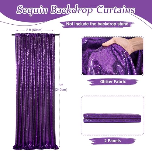 Image of Purple Sequin Backdrop 2 Pieces 2ftx8ft Wedding Glitter Curtain Backdrop Arch Fabric Drapes for Baby Shower Birthday Party Decoration