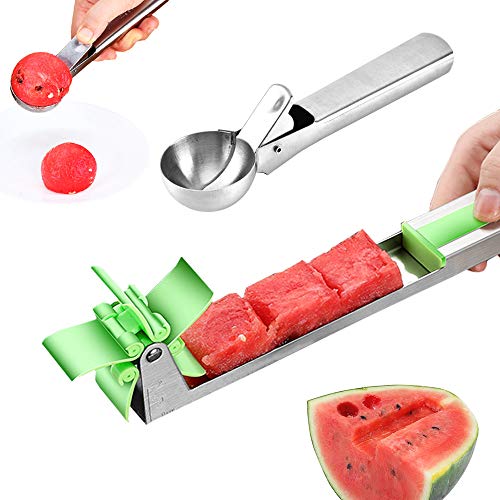 SENHAI Watermelon Windmill Slicer Ice Cream Baller Spoon with Trigger Stainless Steel Melon and Cantaloupe Cube Cutter Knife for Kitchen Gadget Fruit Corer Tools