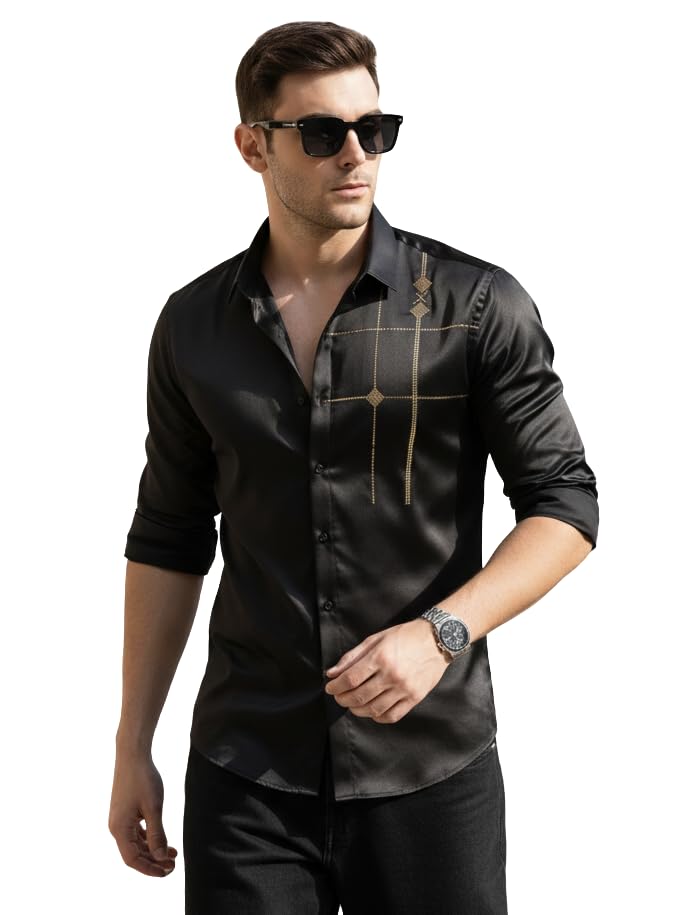 Image of IndoPrimo Men's Premium Satin Shirt for Party, Formal and Casual Wear - Stylish Designer Full Sleeve Shirt for Men