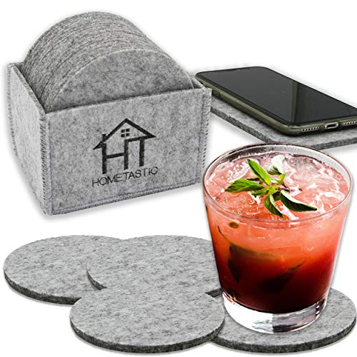 Premium Filzuntersetzer im 14er Set | 12 Glasuntersetzer mit Aufbewahrungsbox + 2 Tischuntersetzer für's Smartphone | Untersetzer in hellgrau für