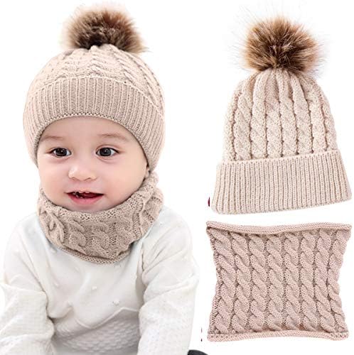 2PCS Toddler Baby Knit Hat Scarf Winter Warm Beanie Cap with Circle Loop Scarf Neckwarmer (Beige)
