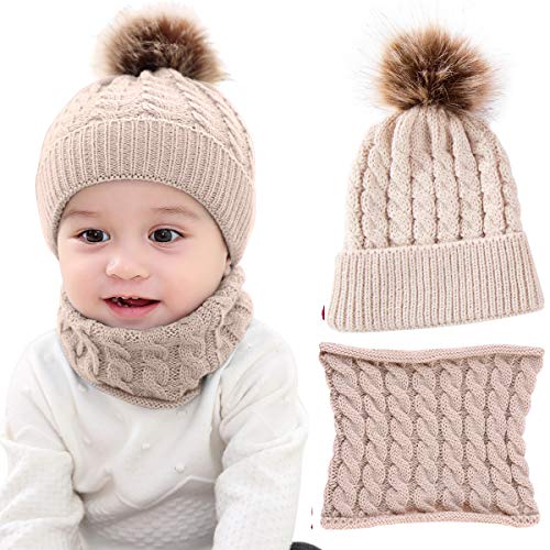2Pcs Toddler Baby Knit Hat Scarf Winter Warm Beanie Cap With Circle Loop Scarf Neckwarmer (Beige) #TOP16