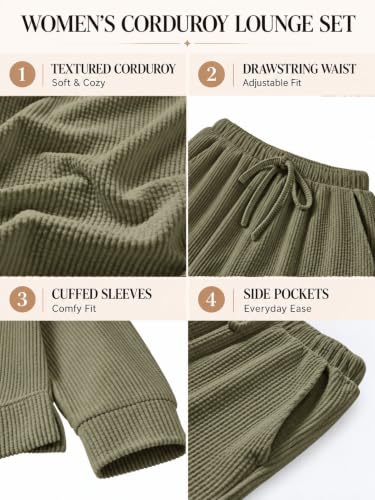 Ekouaer Lounge Sets for Women Textured Corduroy Long-Sleeve Top and Pants | Textured Corduroy, Relaxed Crew-Neck Top, Cuffed Sleeves, Wide-Leg Pants with Drawstring Waist and Side Pockets - image 6