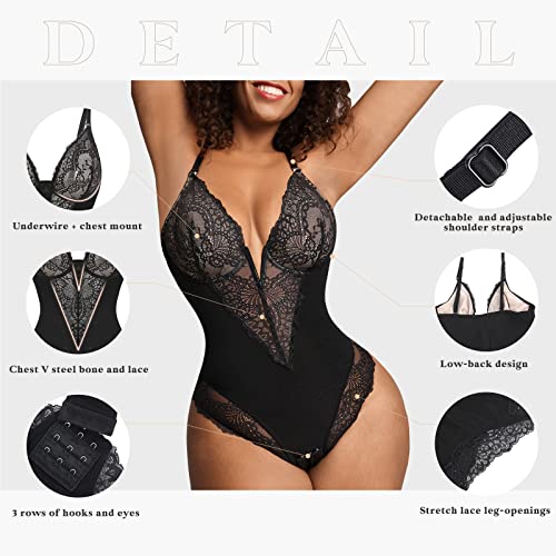 Popilush Lace Shapewear Bodysuit Women Tummy Control Backless Tank Tops V Neck Body Suit Thongs - Image 3
