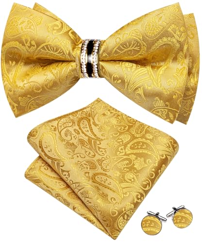 Image of YOHOWA Mens Bow Tie Set Paisley Pre-tied Bowties Adjustable with Handkerchief Cufflinks Gold Ring Set Wedding Prom Party