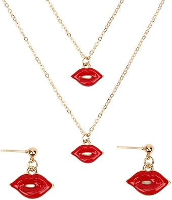 Red Lip Necklace Sexy Red Kiss Lips Necklace Earrings Set for Women Valentines Day Jewelry Set