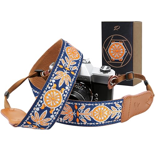 Image of Padwa Lifestyle Camera Strap - 2 inch Cowhide Leather Head Cotton Camera Straps for Photographers,Adjustable Neck Shoulder & Crossbody Embroidered Cotton Padded Strap for ALL DSLR /SLR Cameras