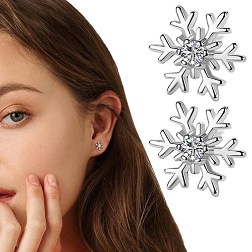 Fowybe Pendientes plata ley 925 con diseño copo nieve y diamantes imitación circonita cúbica, para orejas sensibles.