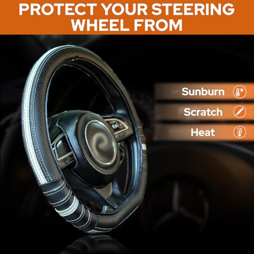 Image of CONTINENTAL [DuraGrip] Classic D-Shape Car Steering Wheel Cover Build with Premium Vegan Leather Anti Slip Natural Rubber (Black & Grey).