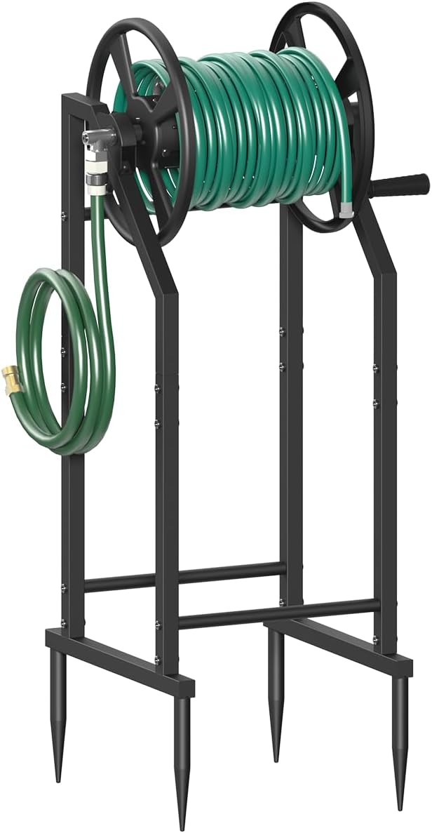 4-Spike Garden Hose Reel with 3.9ft Leader Hose & Stainless Fitting, Outdoor Hose Holder holds 125ft Hose of 5/8", Freestanding Metal Hose Stand for Outside Yard Lawn, Black