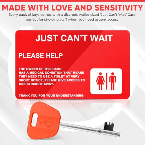 3PK Radar Key for Disabled Toilets UK, Disabled Toilet Keys with 'Just Can't Wait' Card RubiGo (Red) - Image 3