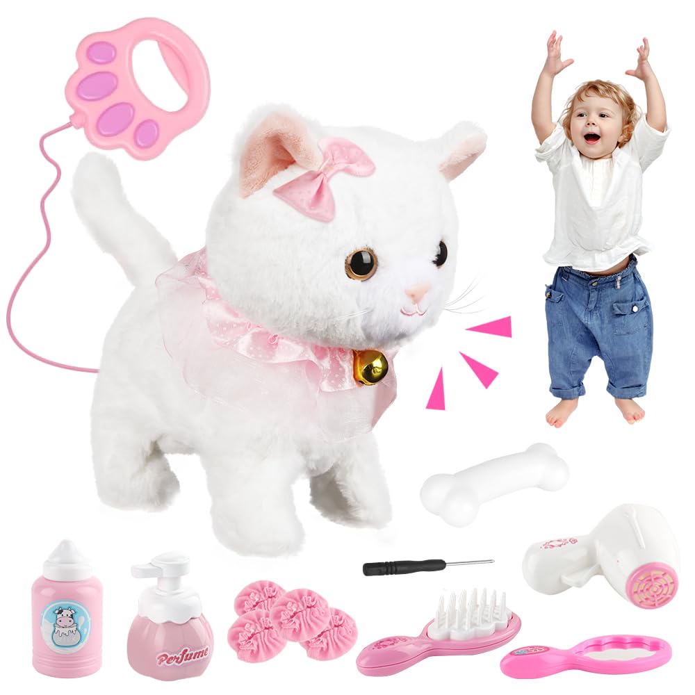 Jouet électronique en Peluche, Animal Chat électronique, Peluche Interactive, pour Chat avec Laisse Télécommandée, Marche, Aboiements, Remuant La Queue,Cadeaux De Jouets pour Filles De 3-8 Ans