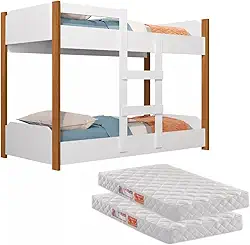 Beliche Infantil 2 em 1 Transforma- se em Minicama 100% MDF com Grades de Proteção e Escada Segurança e Conforto para crianças Acompanha 2 Colchões de 1,50m para mais Praticidade (Branco/Nature)