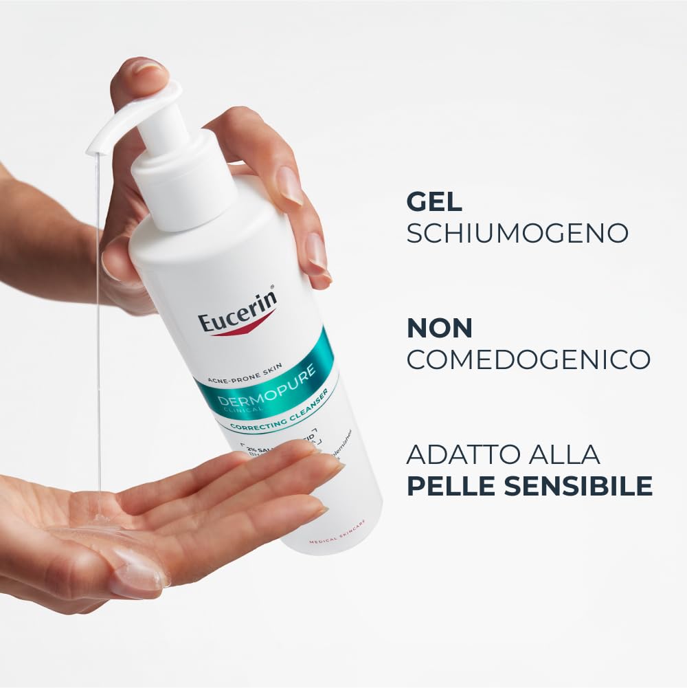 Eucerin DermoPure Clinical Detergente Viso Tripla Azione 400 ml, Detergente schiumogeno viso anti macchie, imperfezioni e lucidità con 2% Acido Salicilico per pelle grassa e a tendenza acneica