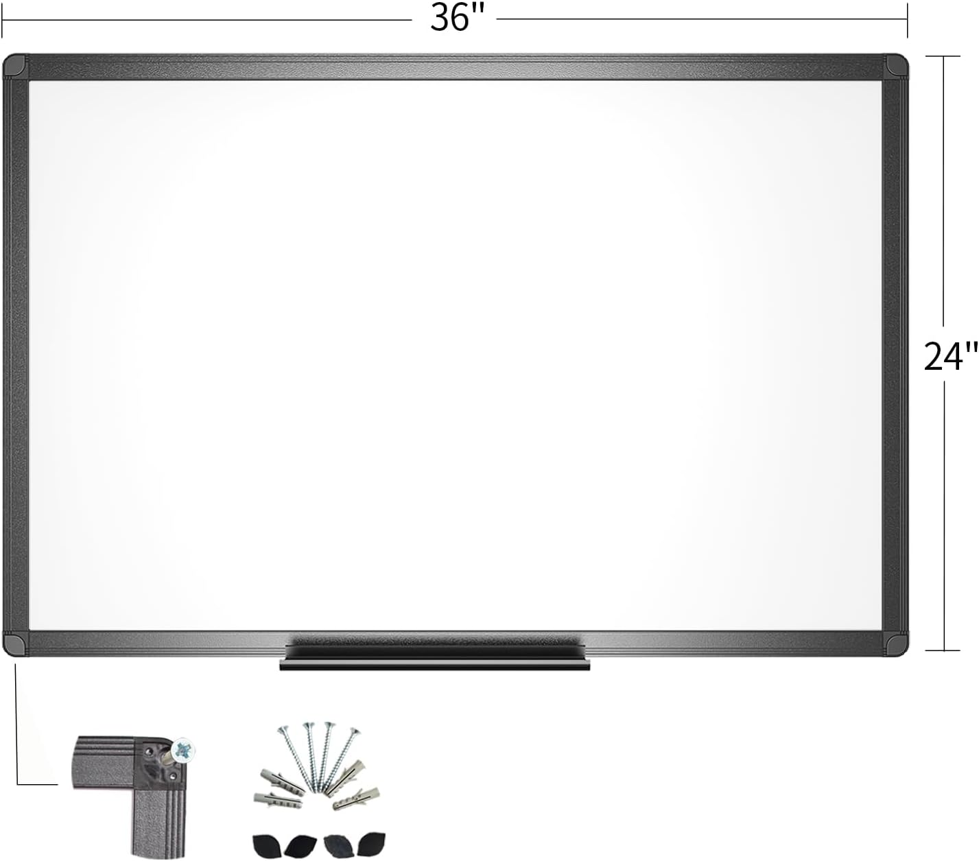 VIZ-PRO Magnetic Dry Erase White Board, 36 X 24 Inches, Black Aluminium Frame, with 3 Colored Erasers