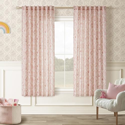 Image of Pink Floral Linen Curtains 63 Inch Length 2 Panels Set Back Tab Rod Pocket