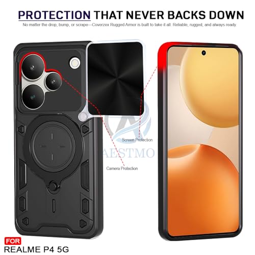 Image of AESTMO Tough Armor Realme P4 5G Bumper Back Case Cover | Ring Holder & Sliding Camera Shield Cover | 360 Degree Protection Back Case Cover for Realme P4 5G (D20 Black)