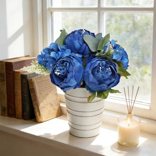 XOETCP Peonies Artificial Flower Table Centerpieces - 10 Inches Tall Faux Silk Floral Arrangements with Rustic Metal Vase for Farmhouse Home Decor - Royal Blue — view 6