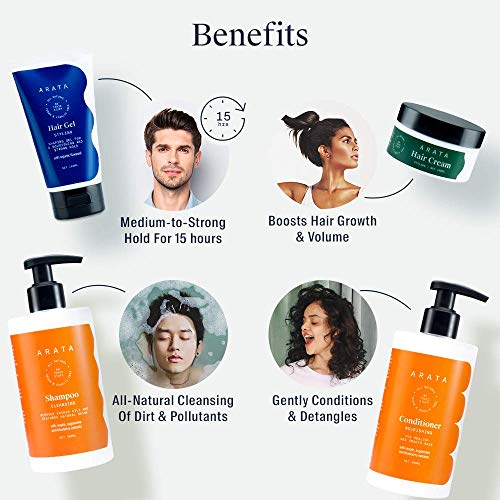 Image of Arata Natural Hair Care Essentials For Women & Men With Cleansing Shampoo (300 ML), Conditioner (300 ML), Hair Gel (150 ML) & Hair Cream (100 ML) | All-Natural, Vegan & Cruelty-Free | Plant-Based, Non-Toxic Hair Cleansing & Styling