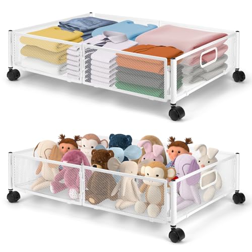 GOWTHHRT ベッド下収納ボックス 収納ケース 収納ボックス キャスター付き ローラー付き ケース ボックス ベッド下物入れ ワゴン 折り畳み 取り付け簡単 大容量 布団袋 衣類整理 多機能 スペース活用 省スペース 押したり引いたりできる 耐荷重性 (ホワイト 2個入り)