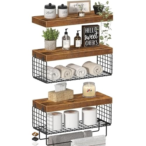 Bathroom Floating Shelves Over Toilet – Shelf Above Toilet Storage Small Farmhouse Decor Shelves (15.7 inch, Set of 3, Rustic Brown)