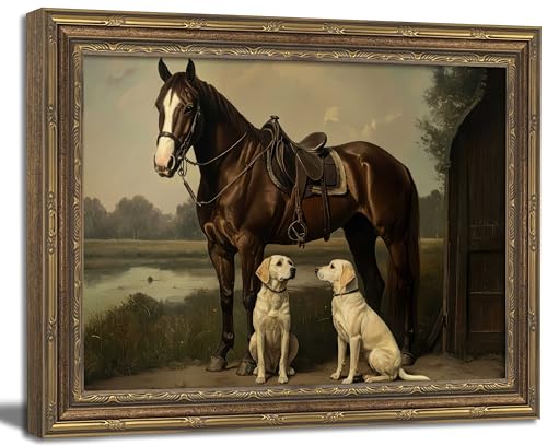 a gold-framed canvas print showing a vintage equestrian scene with a horse and dog