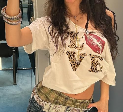 Off The Shoulder Cute Shirts for Women Oversized Tshirt Y2k Graphic Tee Lips Print Baggy Shirts Vintage Tops2