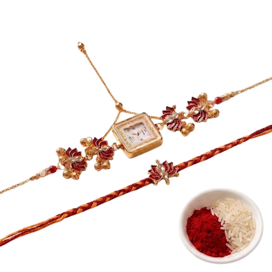 Lotus Design Couple Rakhi Set with Matching Kashmiri Watch, Premium Bhai Bhabhi Rakhi Combo with Roli Chawal, Designer Raksha Bandhan Gift for Brother and Sister-in-Law-picture-18