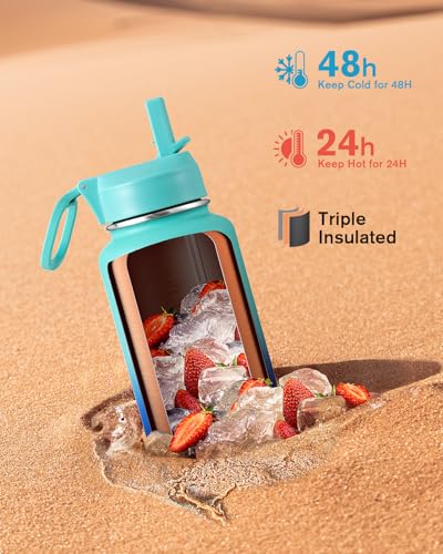 Image of Coolflask 40 oz Water Bottle Insulated with Straw & 3 Leakproof Lids