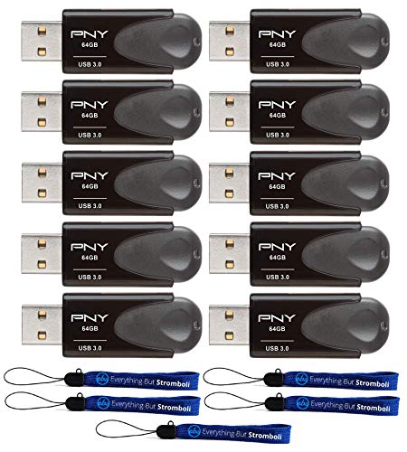 PNY 64GB Turbo AttachÃ© 4 USB 3.0 Flash Drive (Bulk 10 Pack) Compatible with Laptop (P-FD64GTBAT4-GE) Bundle with (5) Everything But Stromboli Lanyard