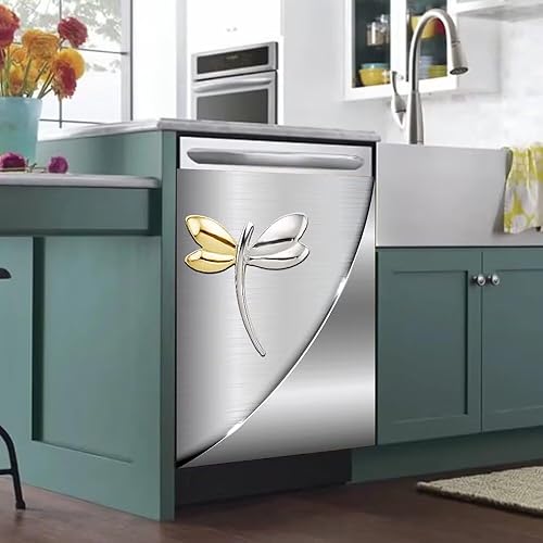 Miniatura 6 de Cubierta magnética para lavavajillas de cocina, acero inoxidable sintético, decoración de cubierta frontal para lavavajillas, diseño de libélula (23